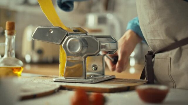 A person is rolling fresh pasta dough through a manual pasta machine in a warm kitchen. The activity showcases the art of traditional pasta making, highlighting culinary skills and creativity