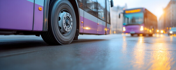 Close-up of a bus wheel. Details are visible up close. Modern public transport moving fast along a city street with motion blur effect represents speed, urban life and fast movement for public transpo