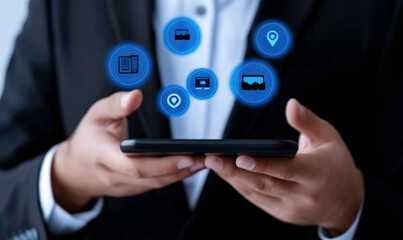 Businessman using smartphone with digital icons depicting various services, highlighting technology connectivity and modern lifestyle in a professional setting