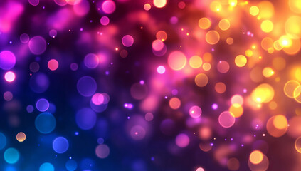 Colorful bokeh background with gradient of purple, blue, and orange hues, creating vibrant and dreamy atmosphere filled with soft, glowing circles that evoke sense of wonder