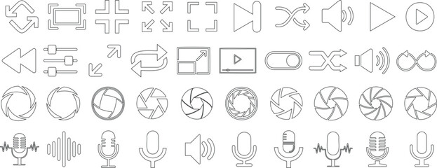 Explore a minimalist icon set featuring camera, microphone, and media player symbols. Perfect for UI design, these vector icons enhance digital interfaces with clean, modern aesthetics