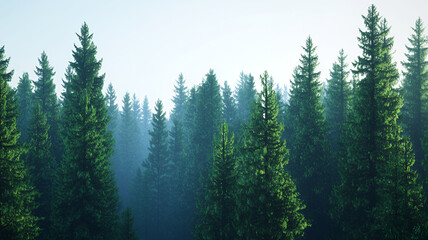 Lush green forest with tall trees and misty background creating serene atmosphere