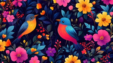 Obraz premium Two vibrant birds perch amidst a lush tapestry of colorful flowers and leaves in a vibrant floral illustration.