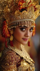 Balinese woman in traditional headdress and jewelry, close-up portrait