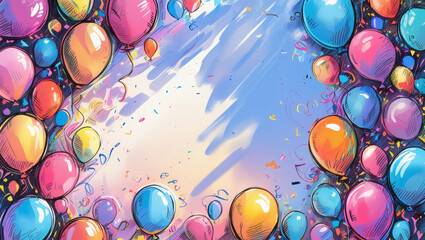 The background with multi-colored balloons along the edges, complemented by confetti, creates an atmosphere of celebration and fun.