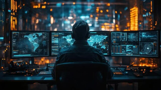 Cyber Security Specialist: A lone hacker sits intently before a bank of glowing monitors in a dimly lit control room, working tirelessly to protect sensitive data from cyberattacks.