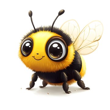 An adorable cartoon bumble bee with large eyes smiles happily against a pure white background perfect for children's book illustrations.