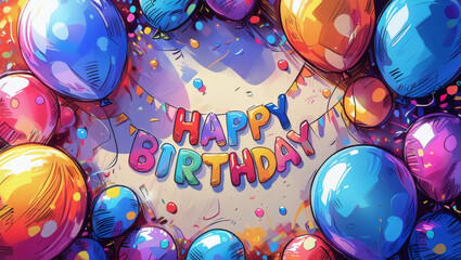 The festive banner "HAPPY BIRTHDAY" has bright balloons and a confetti background, creating a joyful atmosphere.