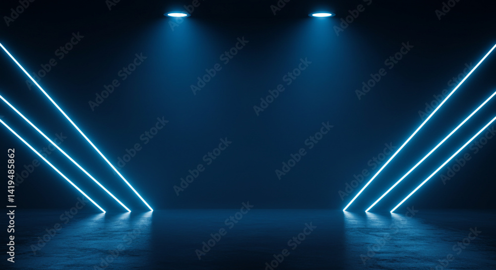 Poster A dark room illuminated by two spotlights and neon lines on both sides of the frame creating a stage