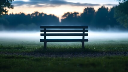 Fototapeta premium A solitary bench in a serene park, surrounded by mist and trees at dusk, creating a tranquil atmosphere. Concept Serene Park Scene, Solitary Bench, Misty Dusk Ambiance, Tranquil Atmosphere