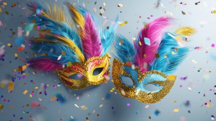 Two colorful masquerade masks with feathers floating among colorful confetti. The vibrant colors, playful design, and whimsical setting evoke a sense of fun and celebration.