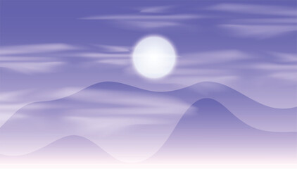 serene, minimalist landscape with soft, dreamy purples and a glowing white sun or moon over rolling hills