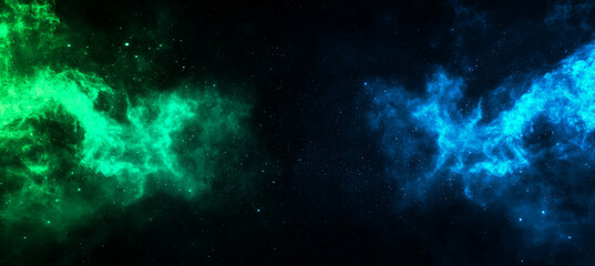 Fototapeta premium vibrant cosmic background featuring swirling green and blue nebulae against dark starry sky, evoking sense of wonder and exploration