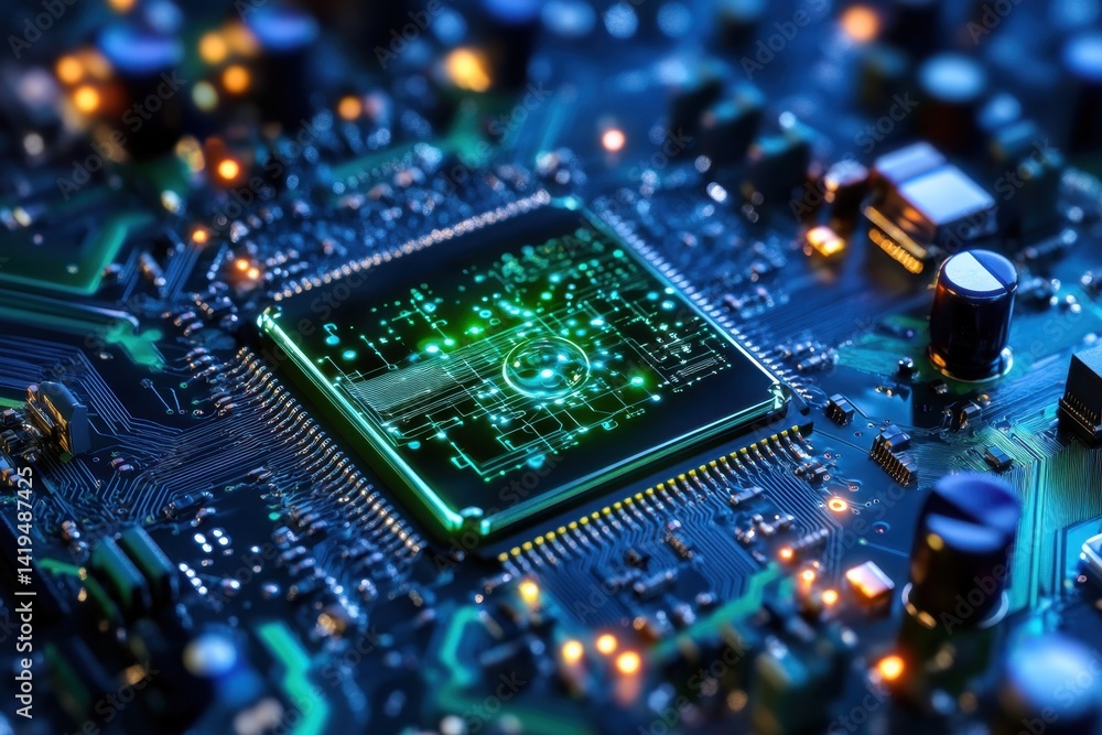 Poster close-up view of a circuit board showcasing advanced technology and intricate components