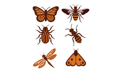 Set of 6 Insects - Butterfly, Bee, Ant, Dragonfly, Moth, Beetle Icons for Nature Design