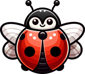 Naklejka premium Cute cartoon-style ladybug with open wings, big eyes, and a smiling face. The design features glossy red wing covers with black spots, soft gradients, and a clean white background for a playful look.