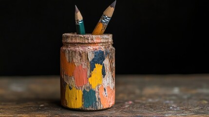 Old paint-splattered pencil holder
