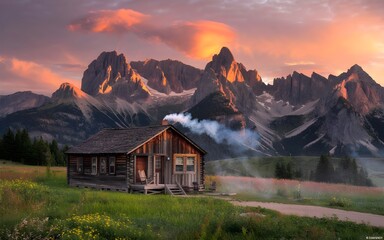 Rustic cabin nestled in a mountain meadow at sunset with a backdrop of dramatic, sunlit peaks. Serene landscape with a cozy feel.