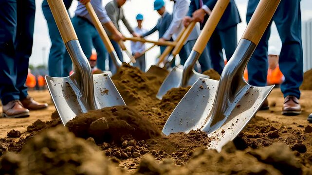 Group of workers breaking ground with shovels at construction site ceremony