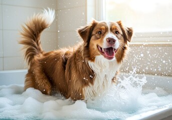 Happy Australian Shepherd enjoying a bubbly bath with foam splashing in the air