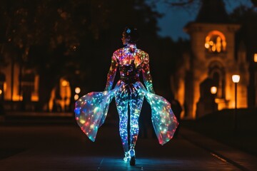 Naklejka premium Glowing performer walks through illuminated park at night with vibrant costume
