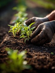 Hands Planting Flower Seedlings in Morning Light – Minimalist Floral Farm Close-Up