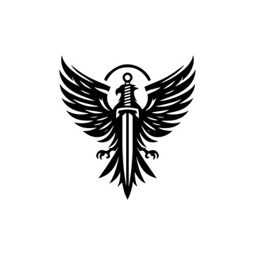 Flying eagle holding dagger sword vector logo, combining strength and defense in symbolic design  