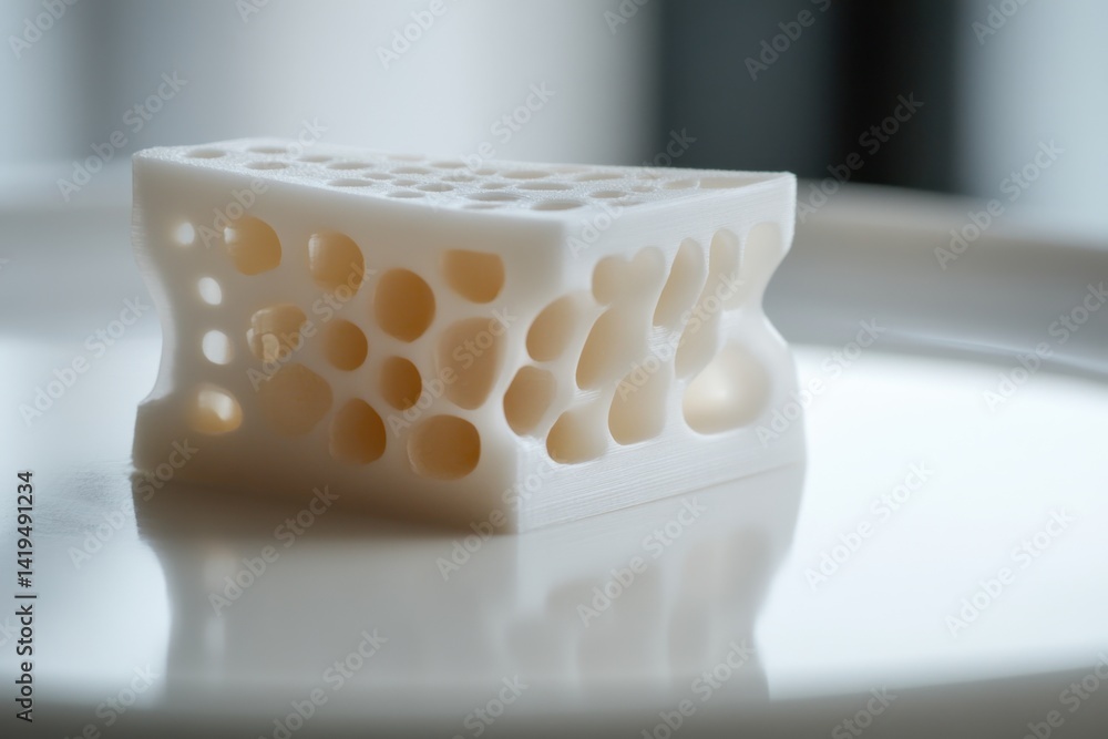 Poster innovative white object with intricate holes placed on a smooth surface