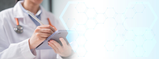 Doctor physician writing prescribe medication on tablet hospital medicine health care stethoscope...