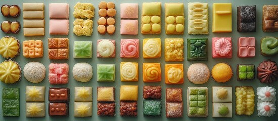 Obraz premium Colorful array of decorative treats, grid pattern, assorted shapes and flavors, food photography