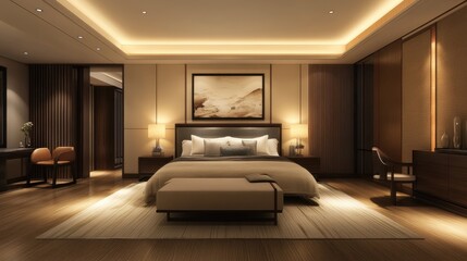Fototapeta premium Serene hotel bedroom showcases luxurious design and warm lighting