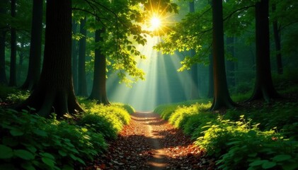 Obraz premium Sun-dappled path narrows to keyhole clearing, dense woods , foliage, journey, depth