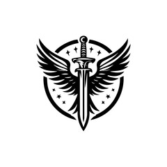 Vector logo design of eagle holding sword with wings spread wide, symbol of power and protection 