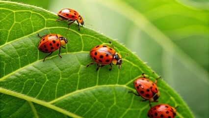 Obraz premium Close-up of multiple ladybugs on a fresh green leaf with a blurred background. Ideal for illustrating nature and wildlife. 