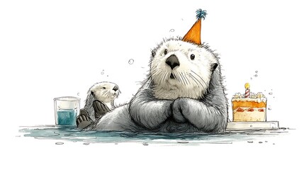 Adorable Sea Otters Birthday Celebration Watercolor Illustration