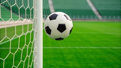 Soccer ball hitting the goal net with blurred green field in the background. Represents sport and scoring