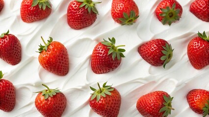 Close-up of ripe strawberries with green stems on a layer of white cream. Ideal for illustrating healthy eating and sweets