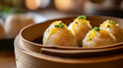 Serving of Dim Sum Dumplings in Bamboo Steamer