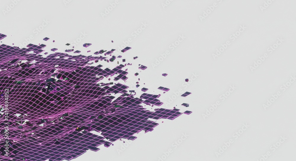 Poster abstract purple digital landscape: a 3d render of fragmenting grid