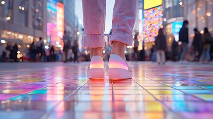 Fototapeta premium Glowing shoes on colorful reflective pavement in city