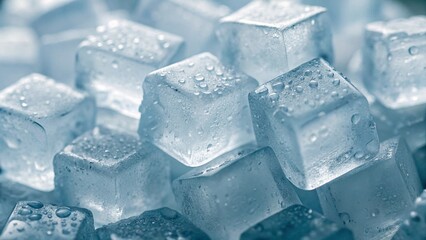 Macro shot of transparent ice cubes with condensation. Ideal for illustrating cooling and beverages