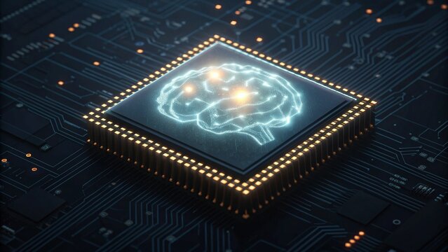 Computer chip with a glowing brain hologram on a circuit board. Represents artificial intelligence and technology