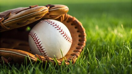 Baseball in a glove on green grass. Represents sport and recreation.
