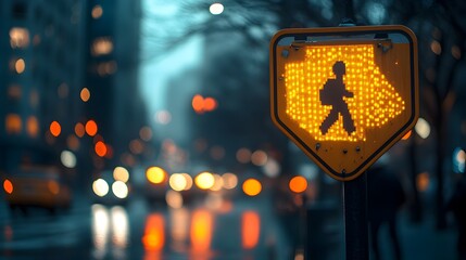 Illuminated pedestrian crossing sign glows brightly at night on a busy city street with blurred background lights and rain.