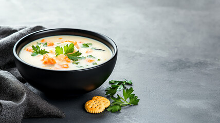 Creamy soup with vegetables and herbs in black bowl, garnished with parsley, served with crackers on textured surface