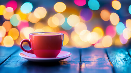 Fototapeta premium vibrant red coffee cup sits on white saucer, surrounded by colorful bokeh background, creating warm and inviting atmosphere