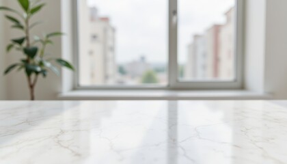 Minimalist white marble tabletop with blurred urban background and soft shadows, space for text