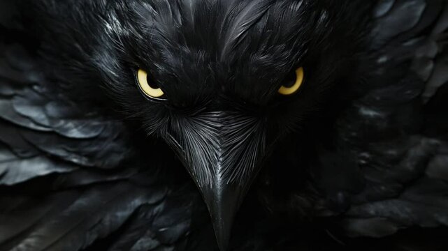 Enigmatic Raven Stare: An Intense Close-Up View of a Dark Bird Portrait