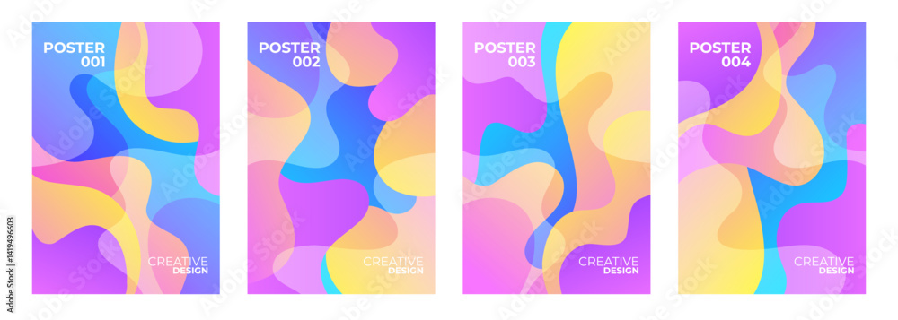 Fototapete Set of abstract posters. Bright color waves and splashes. Dynamic vibrant color gradients. Flowing liquid shapes background. Vector illustration.