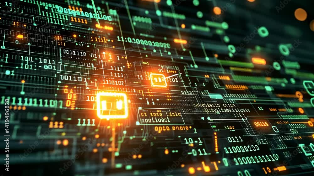 Poster glowing circuit board digital data network abstract background in green and orange tones